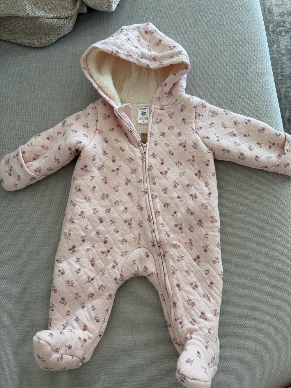 Carter's Light Pink Quilted Floral Hooded Footed One-Piece